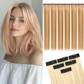 Detalle de extensiones de cabello lacio sintético, 6 piezas con clip para el estilo diario. - Juego de 6 Piezas / Amarillo jengibre