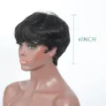 Details of this short black synthetic wig showing layered texture, 4 inch length and natural look. - DM141 Black Short Straight Layered Style / Black