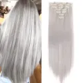 Extensiones de cabello sintético con clip de 7 piezas 22 pulgadas largo liso volumen. - 55cm Liso Plateado