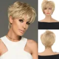 Detailed view of the blonde short layered synthetic wig, showing texture, front and back angles. - DM88 Khaki Short Straight Style / Khaki