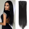 7 piezas extensiones de pelo de clip sintetico largo liso negro 22 pulgadas top - 55cm Liso Negro