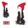 Knit hat wig detail view, soft synthetic long wavy hair with fluffy pom pom, winter. - Calico