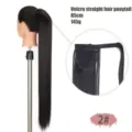 Detail view of 85cm long straight hair ponytail extension with convenient velcro and net. - 0020F-2 Natural Black