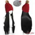 Detail view of the winter warm knit hat with long straight black wig and soft fleece lining. - Red Color Pom-Pom Knit Hat With Black Long Straight Hair