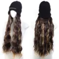 Long curly wig hat synthetic hair knit beanie with highlights wave detachable style for women daily wear - Black Hat With Dark Brown Highlighted Curls (AT852-4H27)