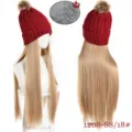 Winter warm knitted hat with long straight blonde wig 55cm, plush lined fleece beanie cap. - Red Color Pom-Pom Knit Hat With Flaxen Gold Long Straight Hair
