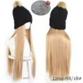 Long straight hair knitted beanie wig with plush lining, warm winter pom-pom hat detail view. - Black Color Pom-Pom Knit Hat With Flaxen Gold Long Straight Hair