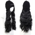 Detailed view of the black knitted beanie integrated with long wavy synthetic wig on mannequin. - Black Hat With Black Curls (AT852-1B)