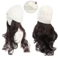 Knit beanie with long curly wavy wig hair piece, warm autumn winter fashion hair extension hat. - White Fox Hat (Dark Brown + Mist Blue Highlight)