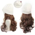 Winter warm knitted hat with long curly synthetic wig wavy hair brown highlights - White Fox Hat (Light Brown + Mist Blue Highlight)