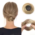 Synthetic hair bun claw clip extension, gradient brown scrunchie updo hairpiece detail view. - Ash Brown Mix (10H15)