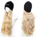 Long wavy synthetic wig integrated with knit beanie hat, stylish winter headwear. - Black Hat With Light Gold Curls (AT852-27/613)