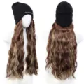 Synthetic long wavy hair wig with black knitted beanie, front and back view details. - Black Hat With Brown Highlighted Curls (AT852-12H24)