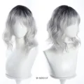 Short wavy ombre bob synthetic wig detail view showing natural parting and bangs texture clearly. - Black White Mix