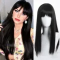 Black long straight wig with bangs synthetic fiber full headgear 60cm for women daily wear - Black