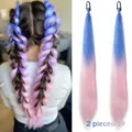 Synthetic colored gradient ponytail hair extensions with metallic tinsel, 26 inches braid hair. - Blue And Light Pink