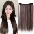 Vue détaillée de l'extension de cheveux raides longs avec mèches naturelles, forme U. - Brun Foncé