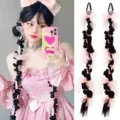 Synthetic Bubble Braid Wig Ponytail Black Hair Extensions with Cute Pink Bows 24 Inch - Ribbon Twist Braid Style