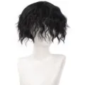 Detail view of men short curly black wig, natural texture synthetic fiber hair display. - Machine-made (AK06-2) / Black