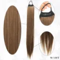 Synthetic hair ponytail extension detail view showing hair texture, elastic band and ends. - Light Brown & Blonde Mix (9/18T)