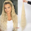 Synthetic curly hair extension ponytail detail view, 95cm long blonde wave hair piece. - Corn Wave Curly (PY183) / Extra Long 95cm / Light gold