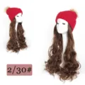 Women winter knit hat with 45cm long wavy synthetic wig, plush pom pom beanie cap. - Tan