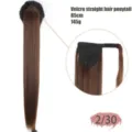 Long straight ponytail hair extension 85cm synthetic wrap around Velcro hair piece dark brown. - 0020F-2/30 Dark Brown