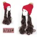 Women knit beanie hat with long wavy synthetic hair wig 45cm winter warm red pom pom - Dark Brown
