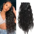 Extensiones de pelo con clip sintéticas set 7 piezas largo ondulado negro 22 pulgadas - 50cm Ondulado Maíz Color Natural