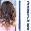 24 Zoll blaue Haarlametta Clip in Haarteile metallisch Laser Feenhaar Strähnen Detail. - Blau