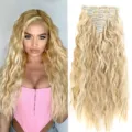 Extensiones de cabello sintético con clip de 22 pulgadas, pelo rubio ondulado natural. - 50cm Ondulado Maíz Color Mixto