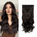 Vista detallada de extensiones de cabello ondulado con clip de 7 piezas, postizo sintético. - 50cm Ondulado de Agua Negro