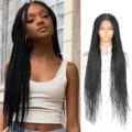 Long black braided lace front wig for women 90cm synthetic box braids hair extension - Three-strand Dreadlocks (DM83) / Black