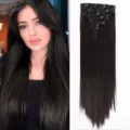 Set de extensiones de cabello liso largo sintético con clip de 7 piezas en castaño oscuro natural. - 55cm Liso Negro Natural