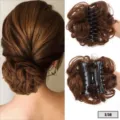 Synthetic hair claw clip bun extension, messy curly hair updo piece, brown hair claw. - Tan
