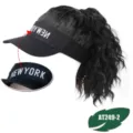 Detail view of black visor hat with curly hair wig extension, featuring stylish embroidery. - Black Hat Middle Letter Black Curly Hair