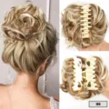 Close-up detail of synthetic messy hair bun claw clip with blonde highlights and secure grip. - Brown And Off-White
