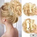 Detailed view of blonde messy bun hair extension with sturdy claw clip, showing fluffy texture. - Ginger And Beige