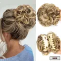 Detailed close-up view of the messy curly hair bun claw clip with natural color highlights. - Dark Linen And Light Linen