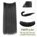 Extension de cheveux synthétiques raides longs noirs, 60cm une pièce 5 clips mèches. - 5 Clips-60CM