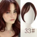 French bangs hair extension top hair piece center part synthetic wig in rich auburn color. - Brown
