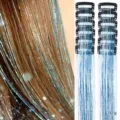 Extensions de cheveux tinsel bleues avec clip mèches brillantes pour fête style quotidien - Lot de 12 / 6-Bleu Cyan