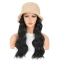 Khaki sherpa bucket hat with long wavy black synthetic hair wig integrated, stylish winter warmth cap. - Natural Black