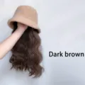 Dark brown shearling bucket hat with long wavy wig, cozy winter hat and curly hair combination. - Dark Brown