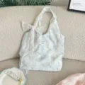 Chic floral embroidered canvas shoulder bag with delicate lace bow detail in cozy aesthetic style. - Blue + White Flowers