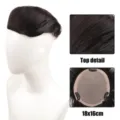 Men toupee top hair detail, breathable inner net and clips closeup, 18x16cm size view - Black Hairpiece (BF140-2)
