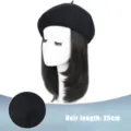 Parrucca berretto nero capelli corti lisci autunno inverno pile cappello lunghezza 25cm - modello base / AH13-2 (Capelli corti lisci neri - Cappello nero)