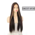 Detailed view of the long straight synthetic lace front wig in brown highlight color. - Brown and Black Highlights