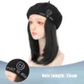 Berretto nero con parrucca corta e liscia sintetico, elegante accessorio moda autunno inverno. - Stile Ricamo Sorriso / AT164-2 (Capelli corti lisci neri - Cappello sorriso nero)