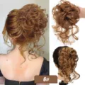Synthetic messy curly hair bun scrunchie extension, fluffy updo hair piece detail. - Color #6 / Medium Brown